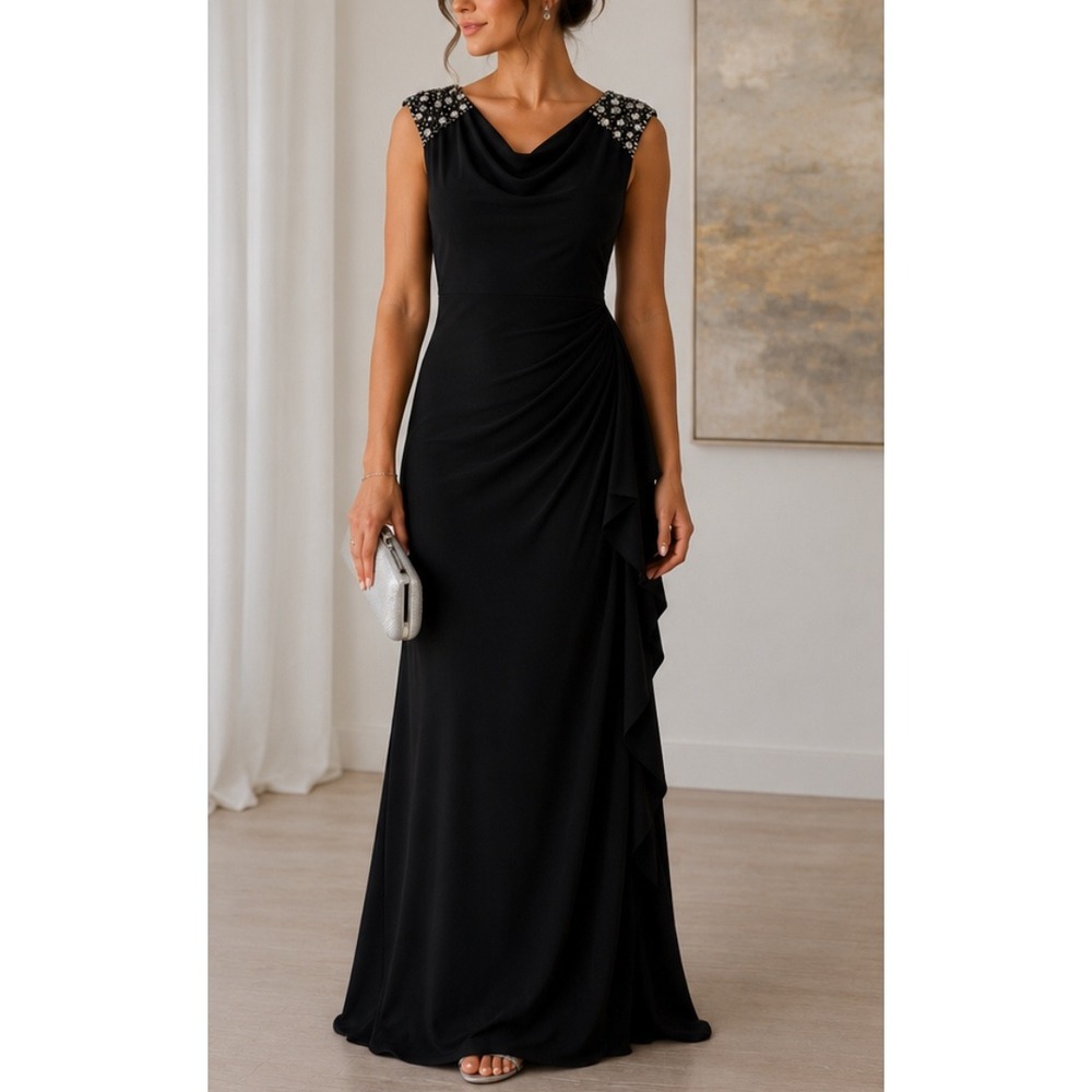 Alex Evenings Black Cowl Neck Embellished Shoulder Side Drape Gown Dress 6